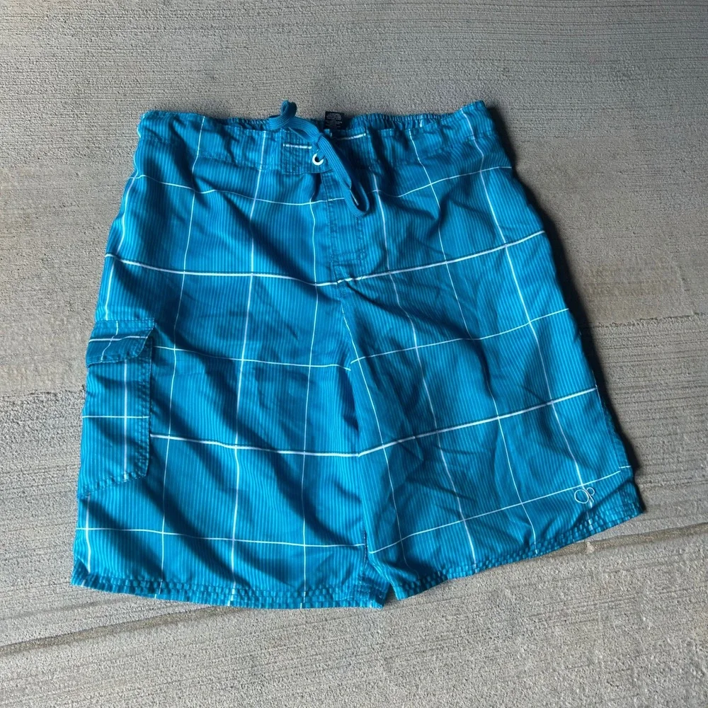 Vintage 2000s Ocean Pacific Mens Aqua Blue Grid Cargo Board Shorts